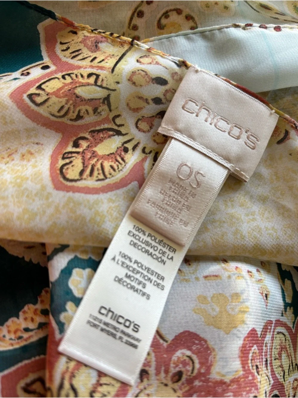 CHICOS lightweight PRINT SCARF coin details TEAL IVORY floral
